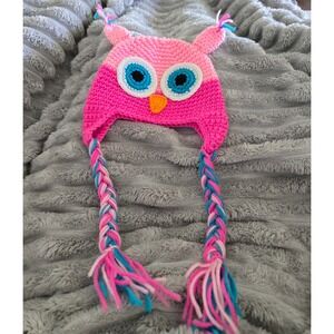 Pink Crochet Owl Beanie Hat with Braided Tassels Earflap Winter Cap Handmade